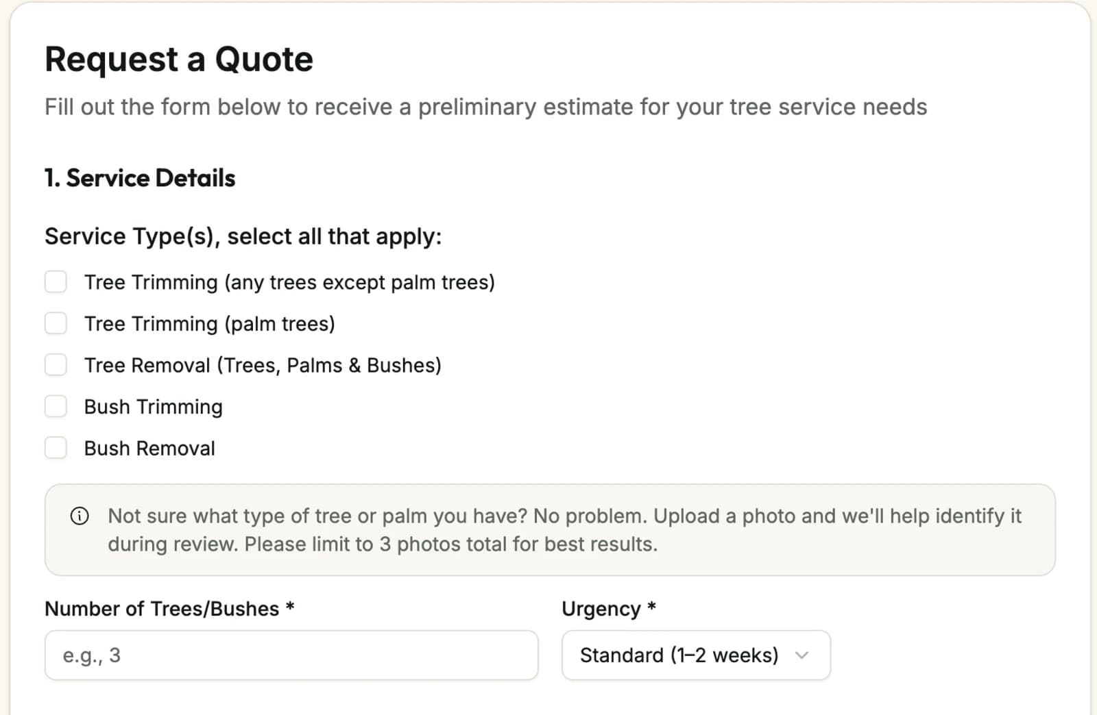 Customer intake form: service type checkboxes, photo guidance, item count, and urgency selector.