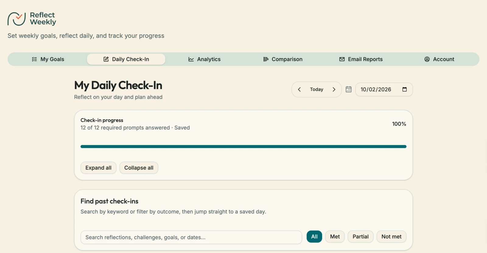 ReflectWeekly daily check-in: progress bar for required prompts and a search panel for past check-ins.